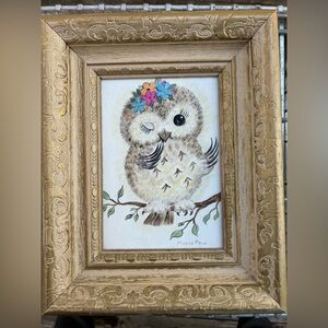 Vintage Art Painting Owl Handmade Artist Marge Frye Artwork in Gold Frame 9x10.5